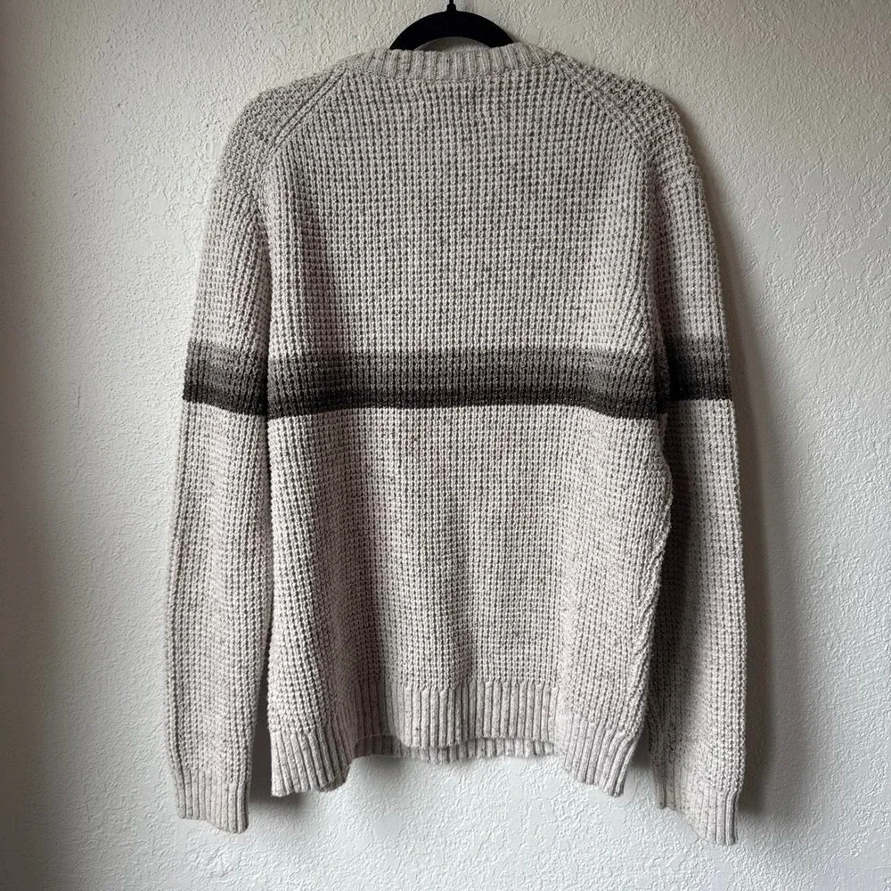 Wellen Mens Recycled Cotton Waffle Knit Striped Crewneck Sweater Cream Grey L